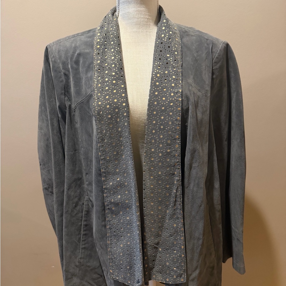 Elegant Gray Women's Leather Swing Jacket with details and pockets, L/XL
